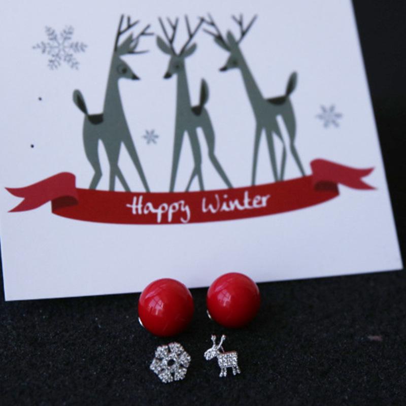 Christmas Reindeer Snowflake Red Pearl 925 Sterling Silver Stud Earrings