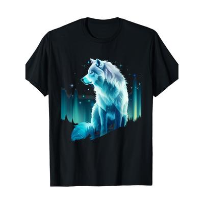 Mystical Aurora Wolf Graphic Tee Unisex Short Sleeve Round Neck Casual Cotton TShirt