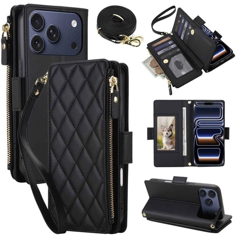 IPhone 17E 16 18 Pro Max Grid 9 Card Slot Crossbody Zipper Wallet Phone Case