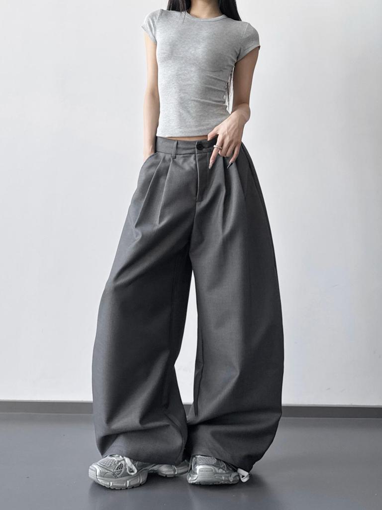 2026 Women's Spring High-Waisted Grey Wide-Leg Suit Pants - Loose, Slimming, Long, Drapey Casual Fit