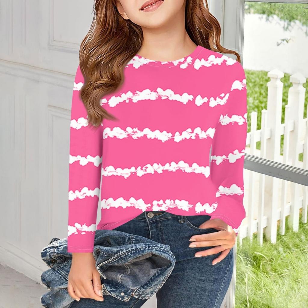New Loose Round Neck Long Sleeve Tie Dye Striped Style Children T-Shirt Autumn Plus Size Female Fashion Casual Tee Top Clothing