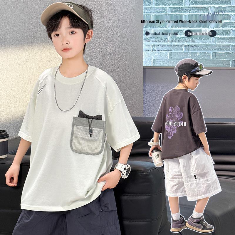 Boys' Korean Style Short-Sleeve Hip Hop T-shirt - Trendy Summer Round Neck for Medium and Large Children