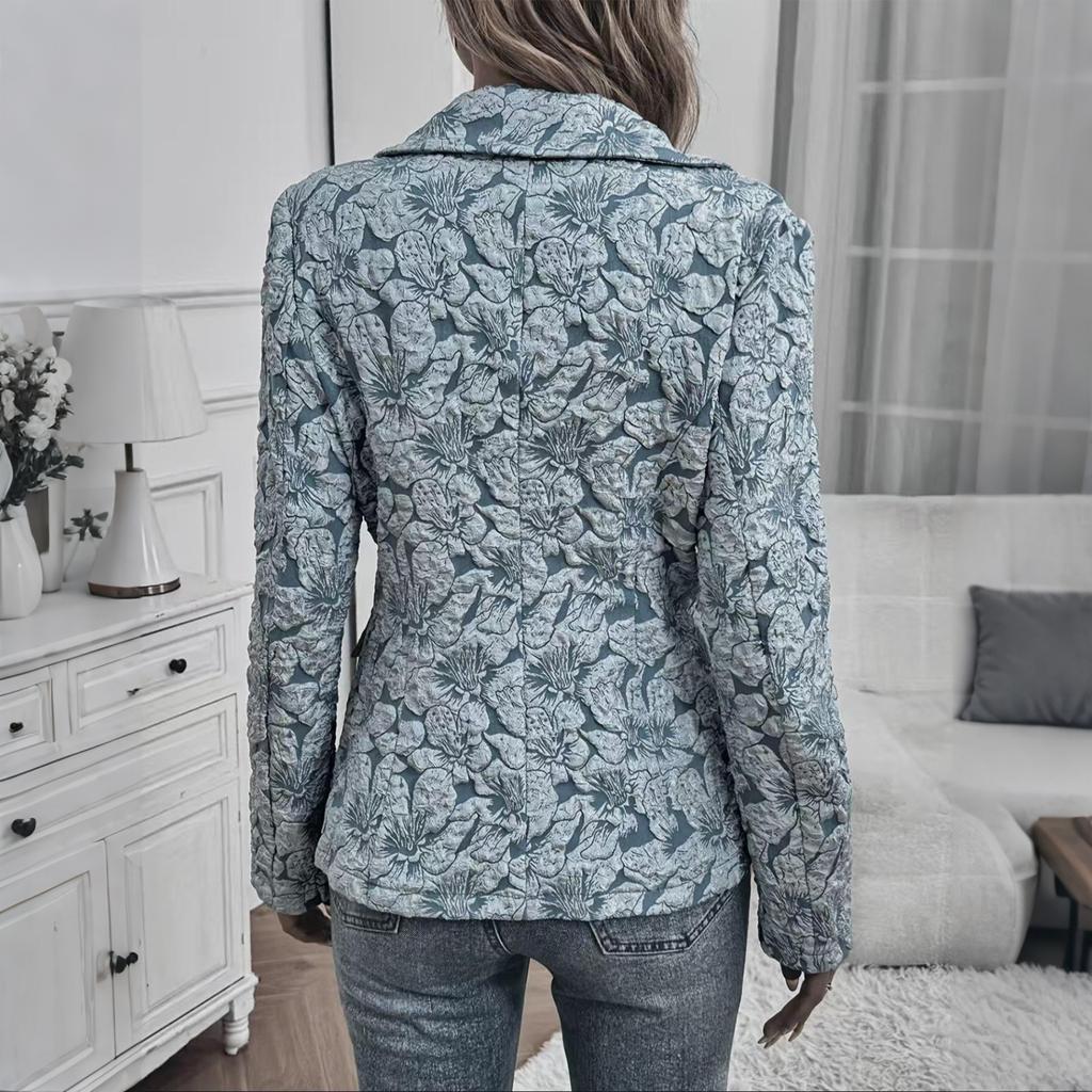 Damen Mode Revers Knopf Langarm Lässig Vintage Jacquard Schmal Geschnitten Blazer Jacke für Büroarbeit Tägliche Kleidung