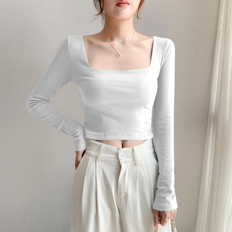 Square-Collar Women's Top: Autumn/Winter, Long Sleeve, Versatile, Cropped, Exposed Midriff, New Style