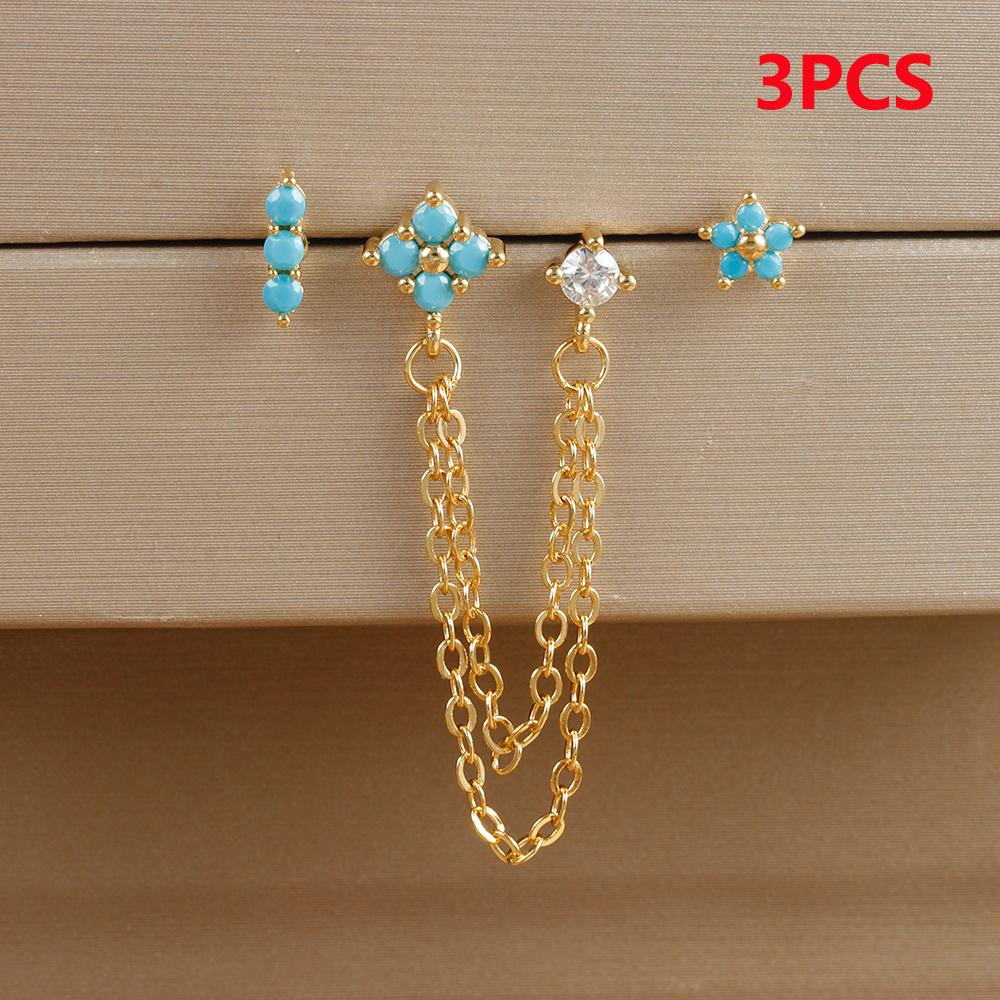 3PCS Vintage Zircon Flower Stud Earring Set For Women Stainless Steel Double Studs Chain Tassel Piercing Earring Fashion Jewelry