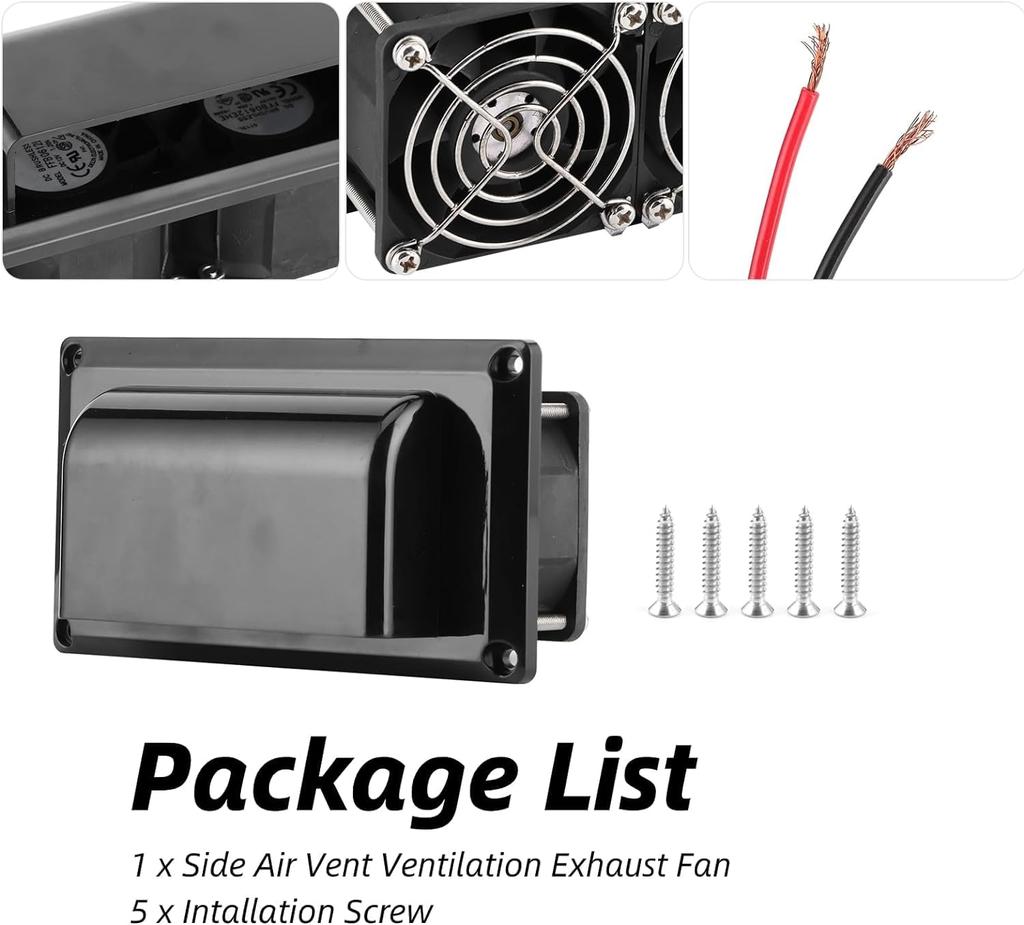 12V RV Side Air Vent Fan 25W Dual High-Power Motors Exhaust Fan Rainproof Downward Ventilation for Trailer Boat Marine Yacht Black ABS with M