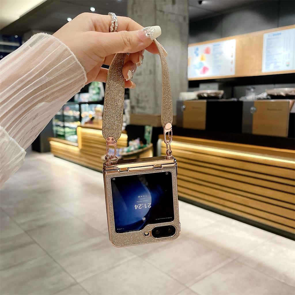 For Samsung Galaxy Z Flip5 5G/Z Flip6 5G Case Hinge Protection Hard PC Glitter Phone Cover with Wrist Strap