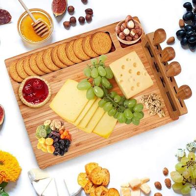 Bamboo Cheese Board Set Cheese Tray Charcuterie Board and Serving Meat Platter with 4 Stainless Steel Cheese Knives For Kitchen