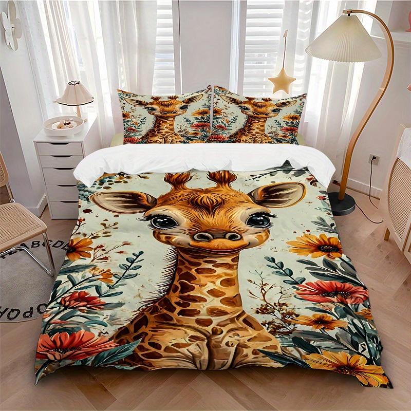 

3pcs Giraffe Flowers Soft Comfortable Bedding set, For Bedroom, Guest Room And Dorm, All - Season Use, High-Definition Printing123 135x200cm