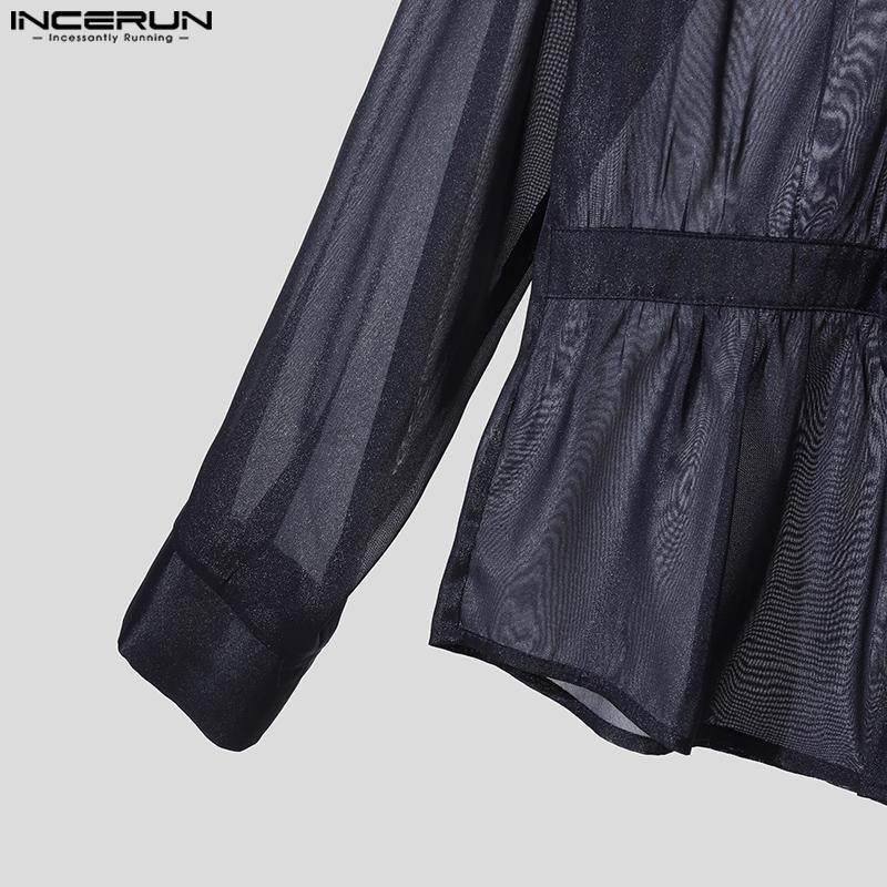 INCERUN Men Long Sleeve Bow Knot Mesh Sheer Hollow Out Party T-shirts Tops