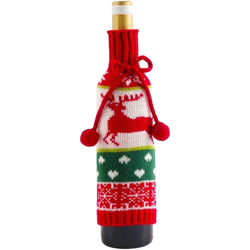 

Festive Christmas Wine Bottle Cover with Knitted Snowman Elk Santa Claus Motif Pompom Bow for Holiday Decoration