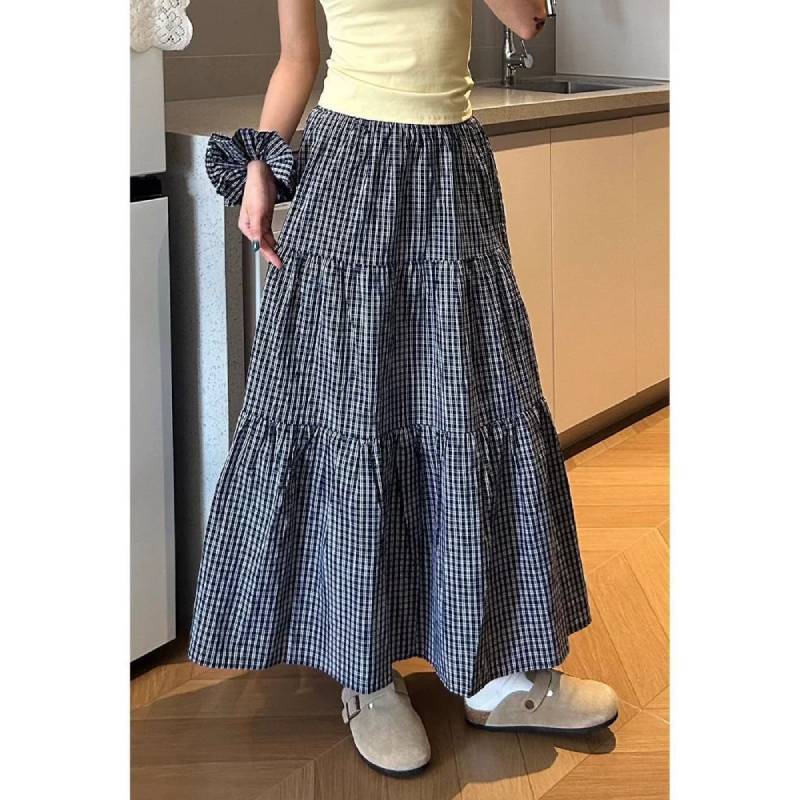Cotton Blended Plaid Midi Skirt With High Waist And Ruffle For Casual Womens Fashion