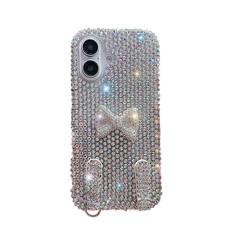 Premium flash diamond bow lanyard mobile phone case is suitable for Apple 17Promax women's Iphone16 protective case.