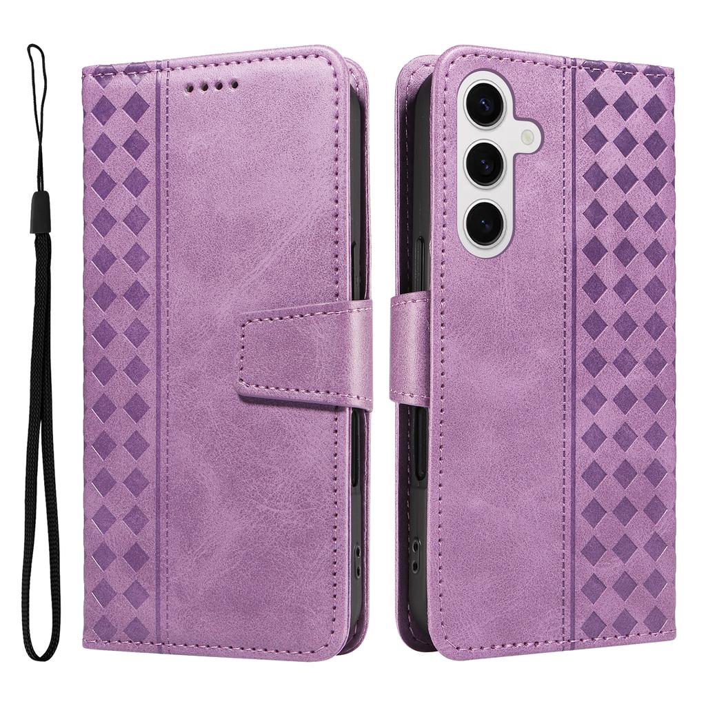 For Samsung Galaxy S24/Galaxy S25 Leather Case Wallet Stand Grids Imprinted Phone Cover with Strap