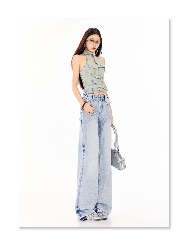 Women's Retro Sky Blue High-Waist Jeans, 2026 Spring/Summer Collection - Loose, Slimming, Floor-Length, Straight-Leg Versatile Pants