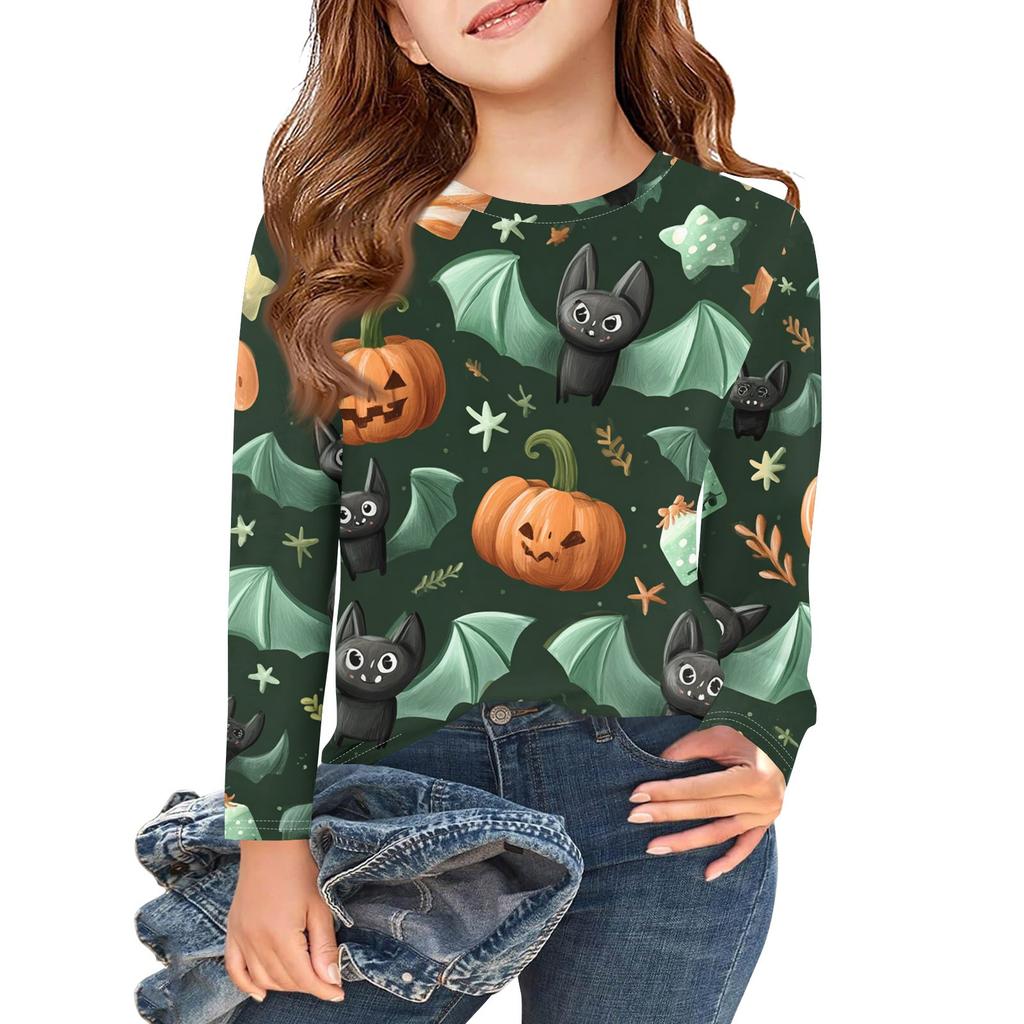 Mädchen Langarm T-Shirts Kinder Herbst Tops Rundhalsausschnitt Halloween Bedruckt Basic Tees 3-9J