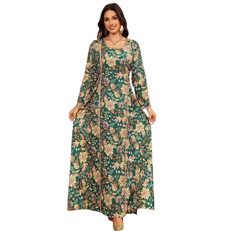AB439 Middle Eastern Women's Diamond-Studded Fashion Print Jalabiya Robe