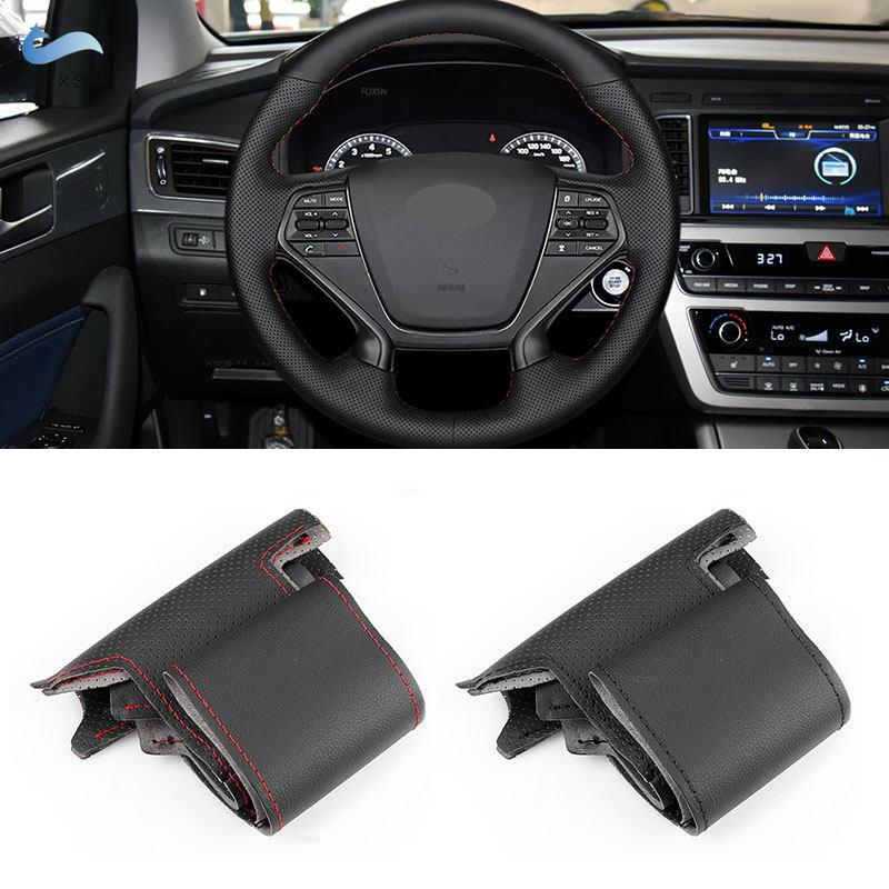 For Hyundai Sonata 9 2015 2016 2017 (4-Spoke) Perforated Microfiber Leather Hand Stitched Car Interior Steering Wheel Cover Trim