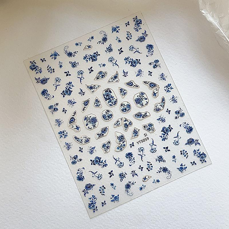 Blue White Porcelain Chinese Style Sticker 3D Self Adhesive Nail Art Sticker Flower Silverback Adhesive Manicure Decal Salon Diy