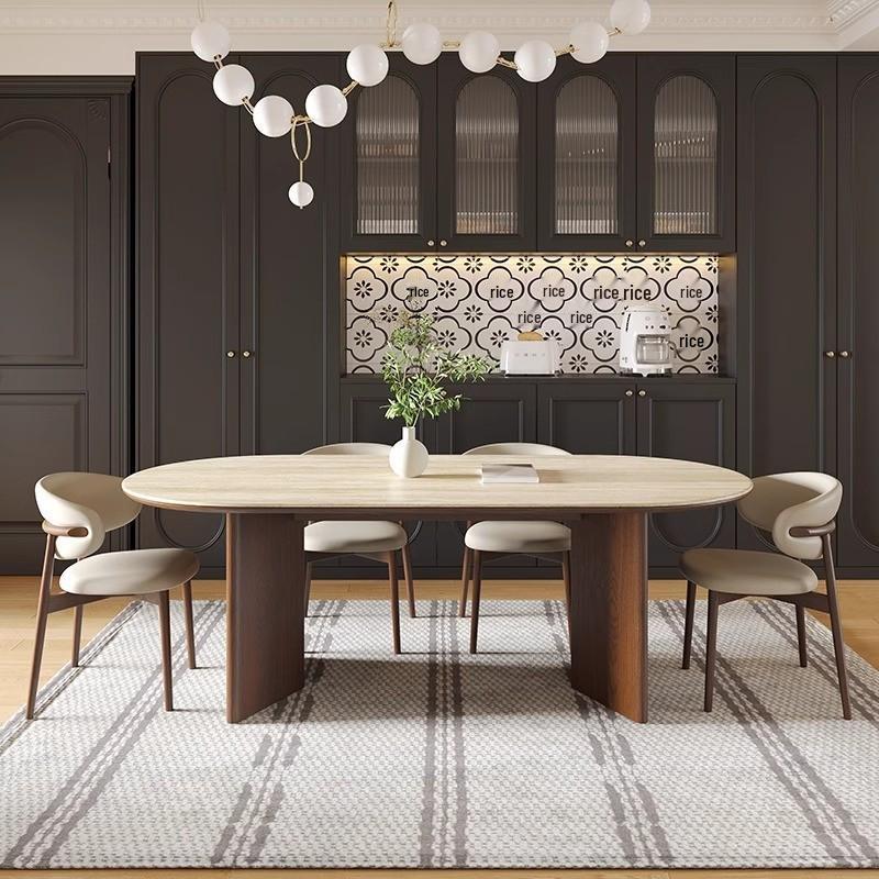 Mid-Century Style Oval Travertine Dining Table & Chair Set with French Solid Wood