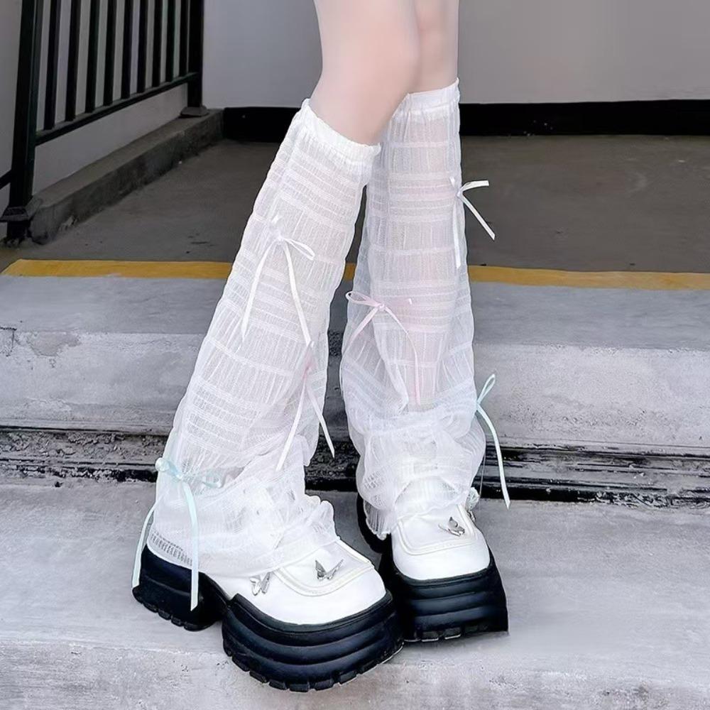 Süßer Stil Schleifen-Design Spitze Beinabdeckung Lange Socken für Damen Sommer Dünn Atmungsaktiv Weiß Kniehoch Beinwärmer Strümpfe 1 Paar