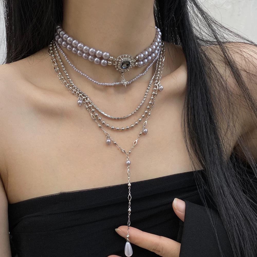 

Сірий перламутровий багатошаровий намисто з бахромою, жіноча нішева висококласна інкрустована діамантами ланцюжок-крапля, що нашаровується, для светра