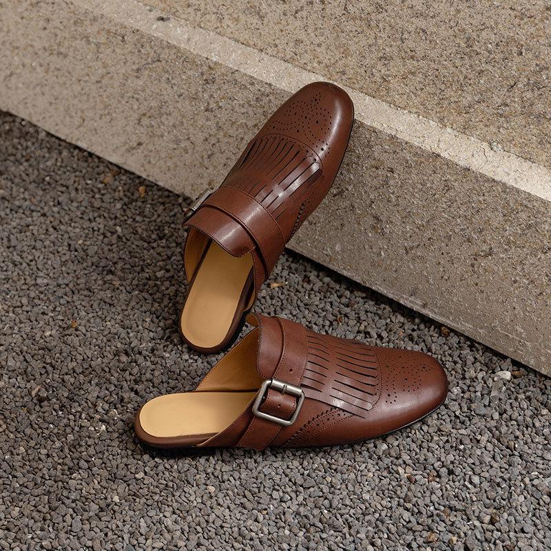 

2025 new cowhide retro bag head slippers British style flat bottom fringed carved half slippers Lazy Muller sandals 39 темно-коричневого