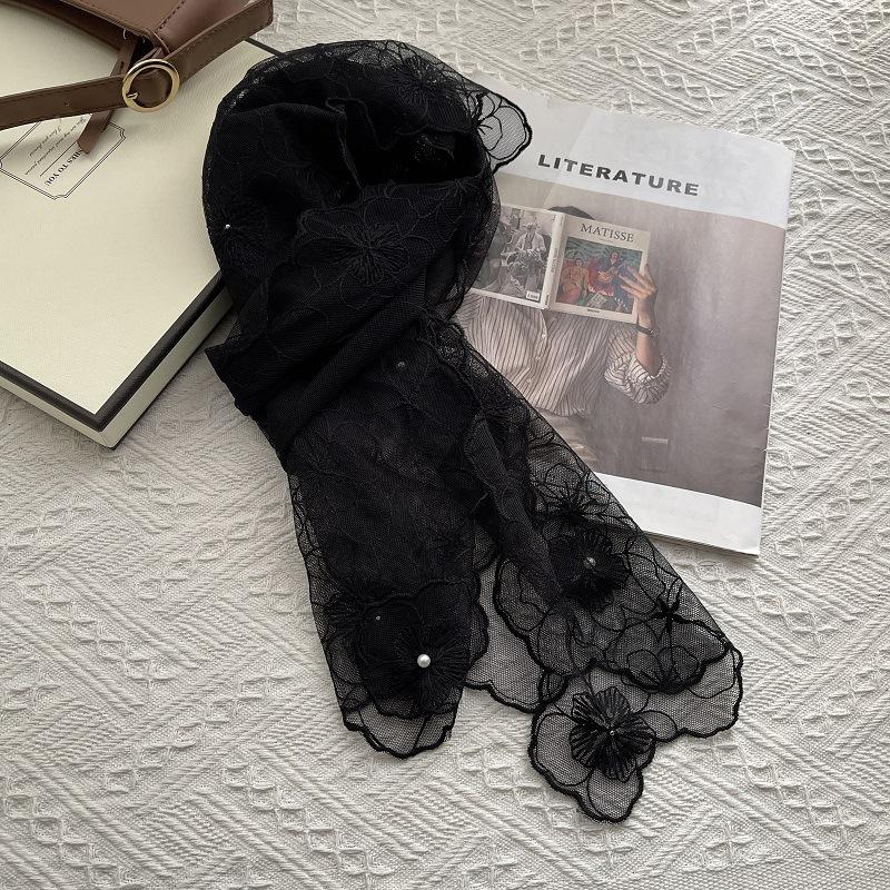 Kamellie Liebe Super Fee Spitze Bestickt Kleines Seidentuch Französisches Langes Gaze-Spitzen-Kopftuch Taillenband Damen Frühling Und Sommer 140-30cm gray