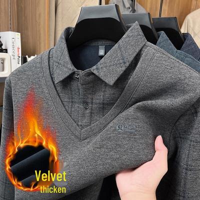 Dicker Samt-Strick-Pullover mit Revers für Männer mittleren Alters und ältere Männer - Stilvoller Zwei-in-Eins Winterpullover