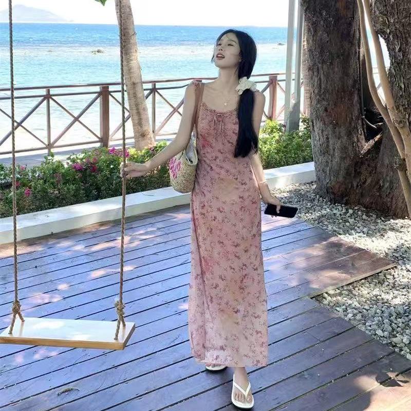 French Coffee Break Floral Suspender Dress Women 2026 Summer Sweet Seaside Vacation Wind Beach Skirt Long Skirt