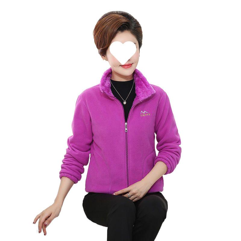 Mid Age Polar Fleece Jacket Women Stand Collar Winter Plush Lined Thick Warm Plus Size Womens Clothing Mom Wear Cardigan Hoodie