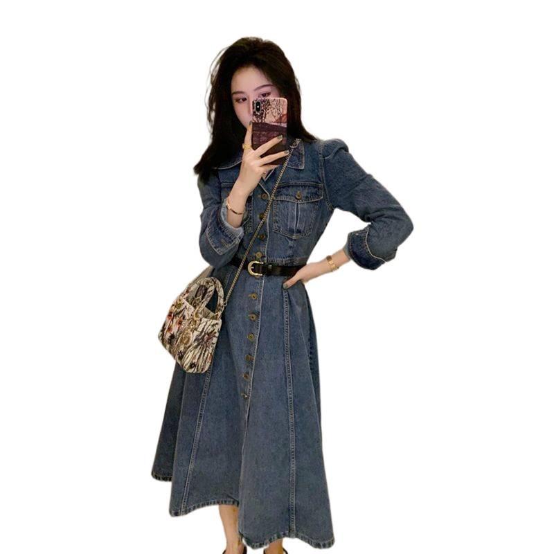 Hong Kong Retro Denim Shirt Dress for Women: Slim-Fit, Elegant, Single-Breasted, Perfect for Spring & Autumn