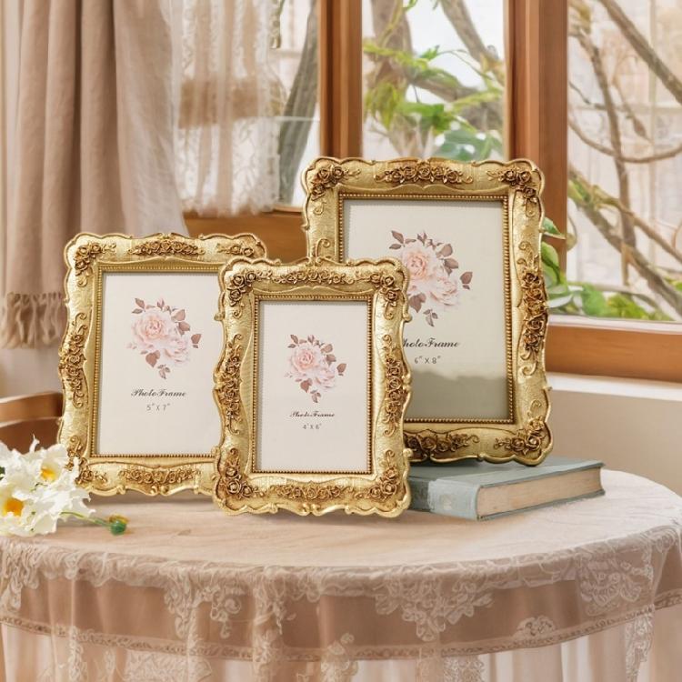 Antique Resin Wall Art Tabletop Golden Photo Frame Intricate Florals Embossed Picture Frame with Glass Front Home Decors