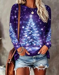 Women Crew Neck Long Sleeve Sweatshirt Christmas Tree Snowflake Ornament Print Casual Loose Pullover Ladies Holiday Tops