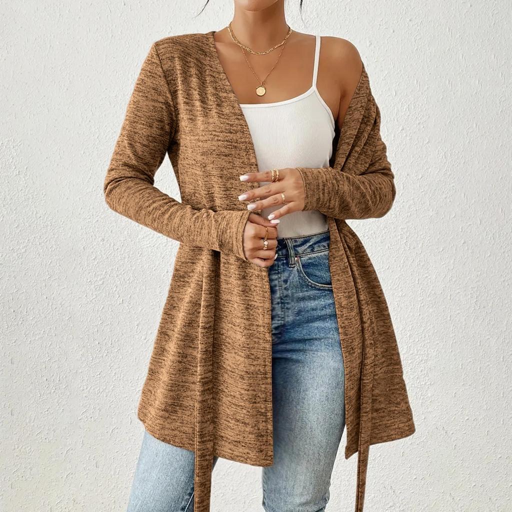 Women's Fashion Solid Color Long Sleeve Tie Casual Loose Cardigan Tops Jacket