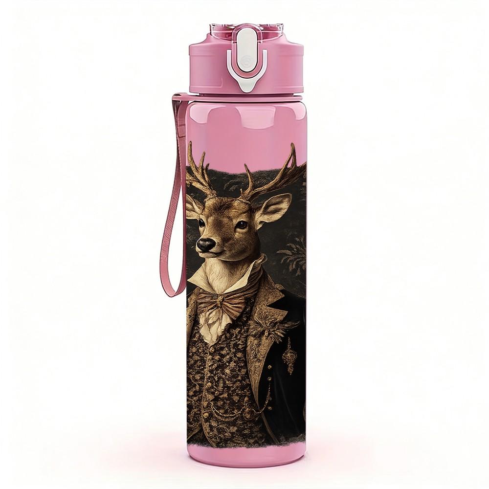 1PC Stag Deer Head Antler Art Print 750ml Color Plastic Sports Water Bottle Leakproof Flip Straw Lid Suitable for Sports Office Home Use