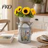 Farmhouse Decor Vase Vintage Iron Flower Bucket, Rustic White Double-Handle Metal with Floral Print & Jute Dried Holder Bow, Tabletop for