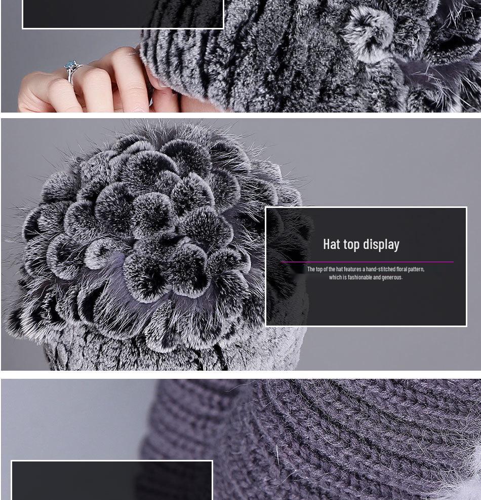 Damska europejska i amerykańska zimowa czapka z grubej wełny z futrem z królika ottera i kwiatem z boku