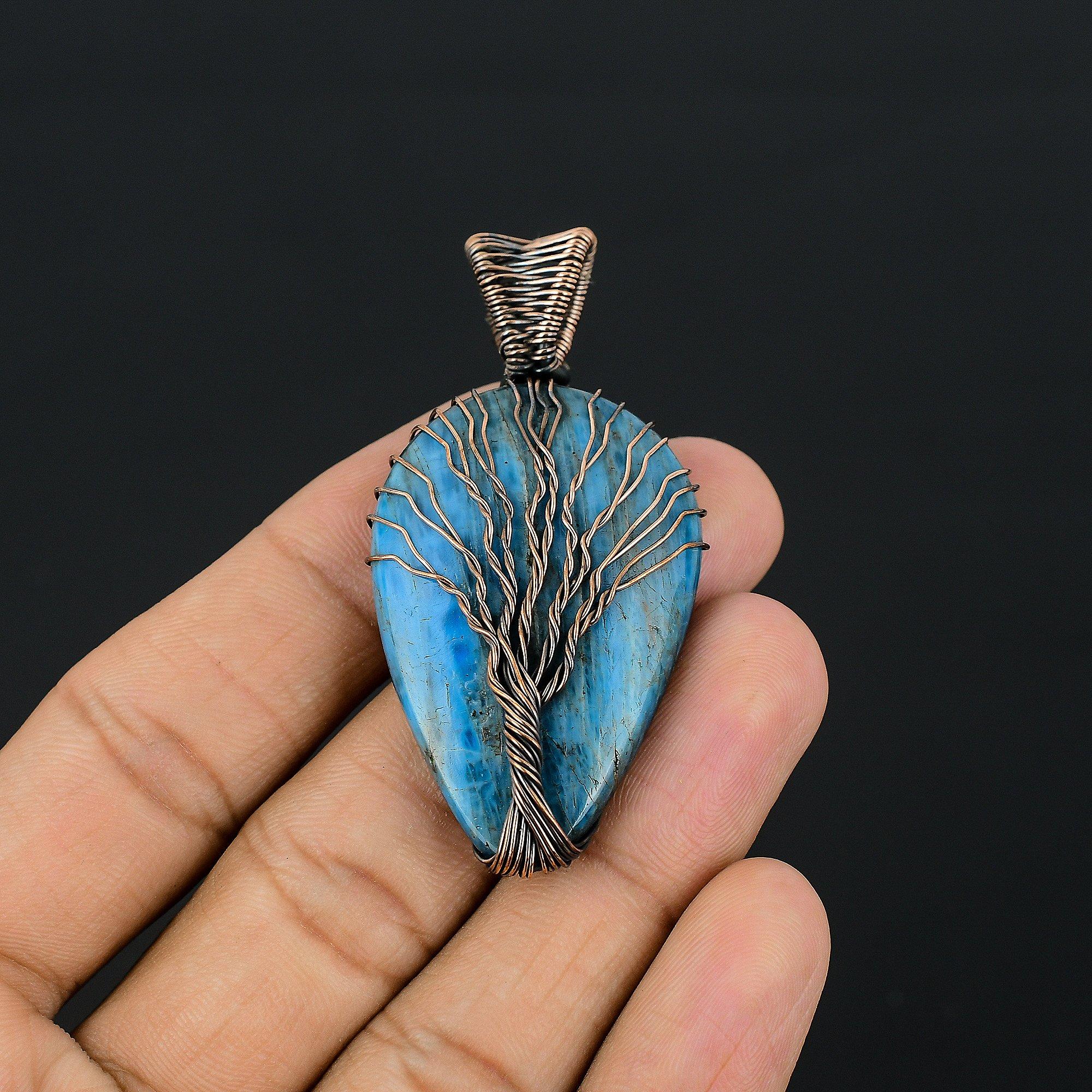 

Tree Of Life Neon Blue Apatite Gemstone Pendant 999 Copper Wire Wrapped Jewelry, Handmade Antique Pendant Jewelry, Gift For Mother 2.55 Inches