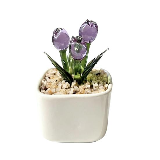 Faux Crystal Flower Figurine Mini Hand Blown Glass Potted Flower Ornament for Home Office Table Decor Gifts for Wedding Birthday Mother's
