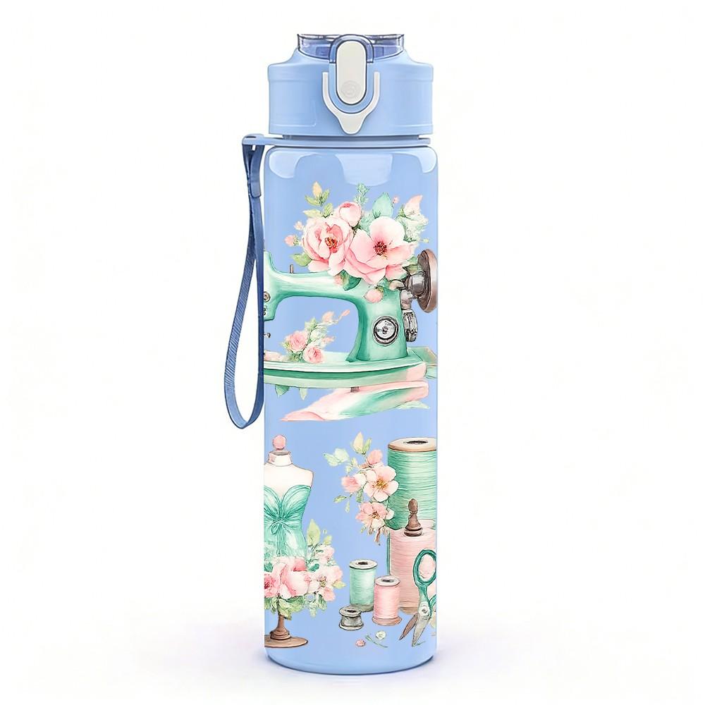 1PC Vintage Coffee Tea Cup Floral Print 750ml Color Plastic Sports Water Bottle Leakproof Flip Straw Lid Suitable for Sports Office Home Use