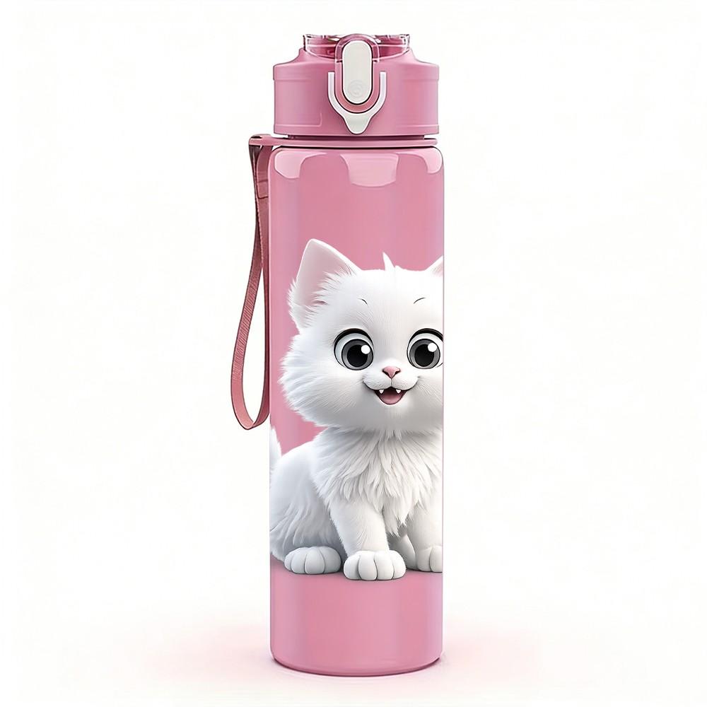 1PC Fluffy White Kitten Cat Cute Print 750ml Color Plastic Sports Water Bottle Leakproof Flip Straw Lid Suitable for Sports Office Home Use