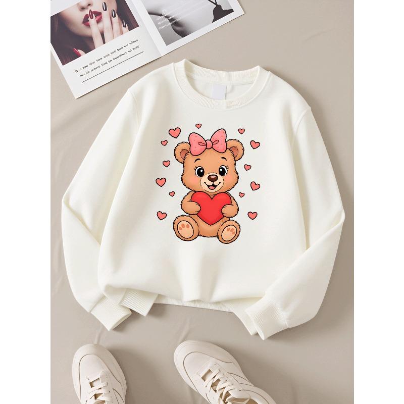 Youth Crewneck Sweatshirt Featuring a Teddy Bear with a Heart on a Pink Backdrop, Suitable for Machine Washing, Perfect for Spring And Autumn