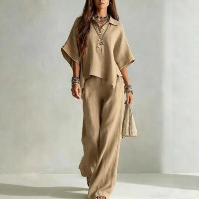 2026 New European and American Style Linen Wide-leg Pants Set Women's Summer Loose Shirt Two-piece Set Fashion Casual Trendy