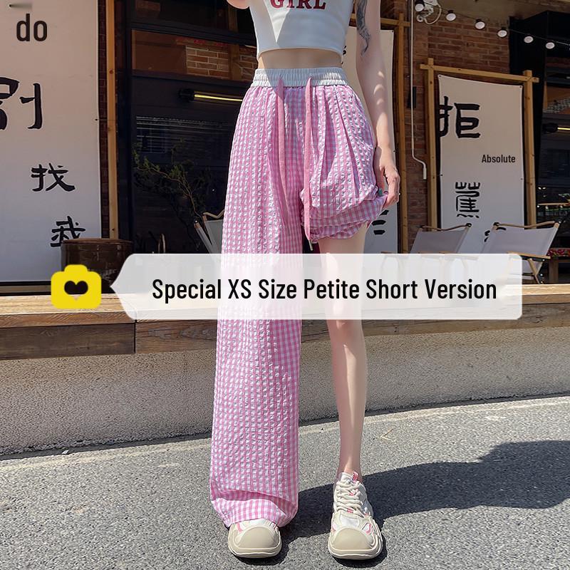 Petite Pink Plaid High Waist Wide Leg Summer Trousers for Women