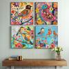 Colorful Birds & Flowers Vibrant Botanical Pattern Wall Art Painting Set of 4 | Digital Print On Canvas Stretched On Wood Home Decor |