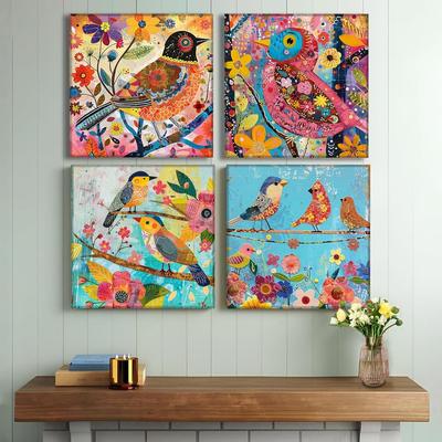 Bunte Vögel & Blumen Lebhaftes Botanisches Muster Wandkunst Gemälde Set von 4 | Digitaldruck auf Leinwand auf Holz gespannt Heimdekor |