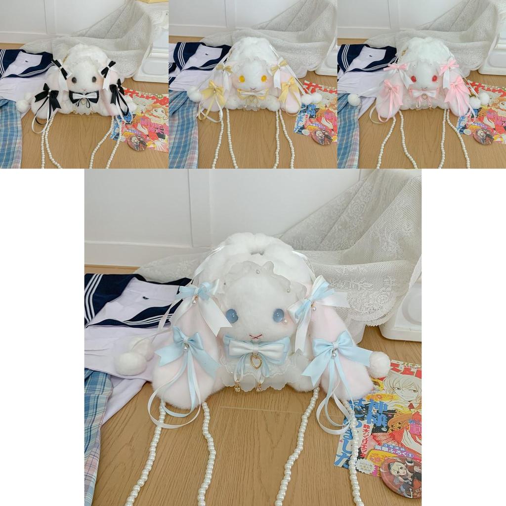 Lolita Bowknot Rabbit Plush Shoulder Bag With Pearl Chain For Daily Casual Use