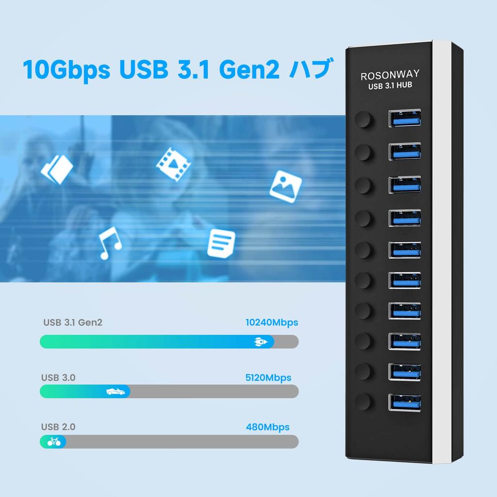 ROSONWAY USB Hub Gen2 10Gbps Aluminum 36W USB Hub with USB and AC and Independent Switch 3.1 10-Port Self-Powered Type-C Cables, 12V/3A Adapter,