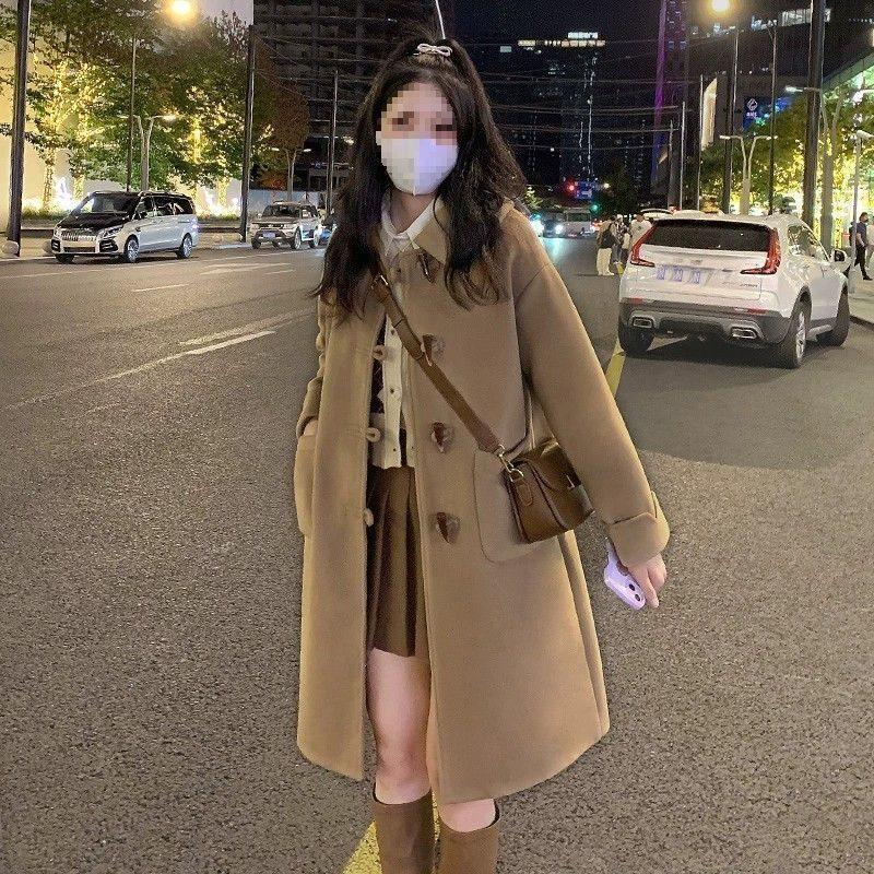 Women s Mid-Length Wool Coat - Horn Buckle Academy Style, 2025 Autumn/Winter Collection, Petite Loose Fit M (85-100 jin)